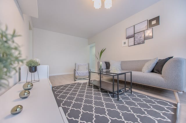Living room with gray couch, rug, and table